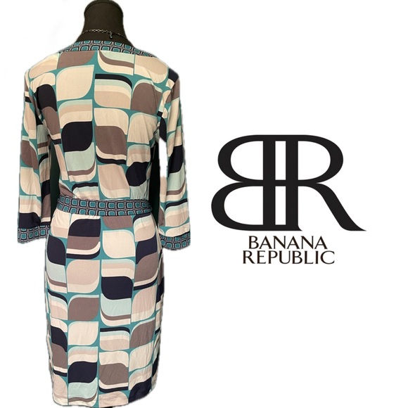 NWT Banana Republic Blue Gray White Black Mod Geometric Wrap Stretchy Midi Dress - Picture 2 of 7